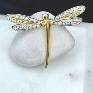 Vintage Gold Tone Rhinestone Dragonfly Brooch Pin